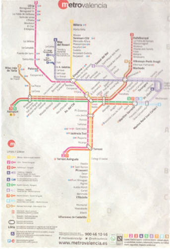 De metrokaart van Valencia die aan de basis lag van het metroplan
