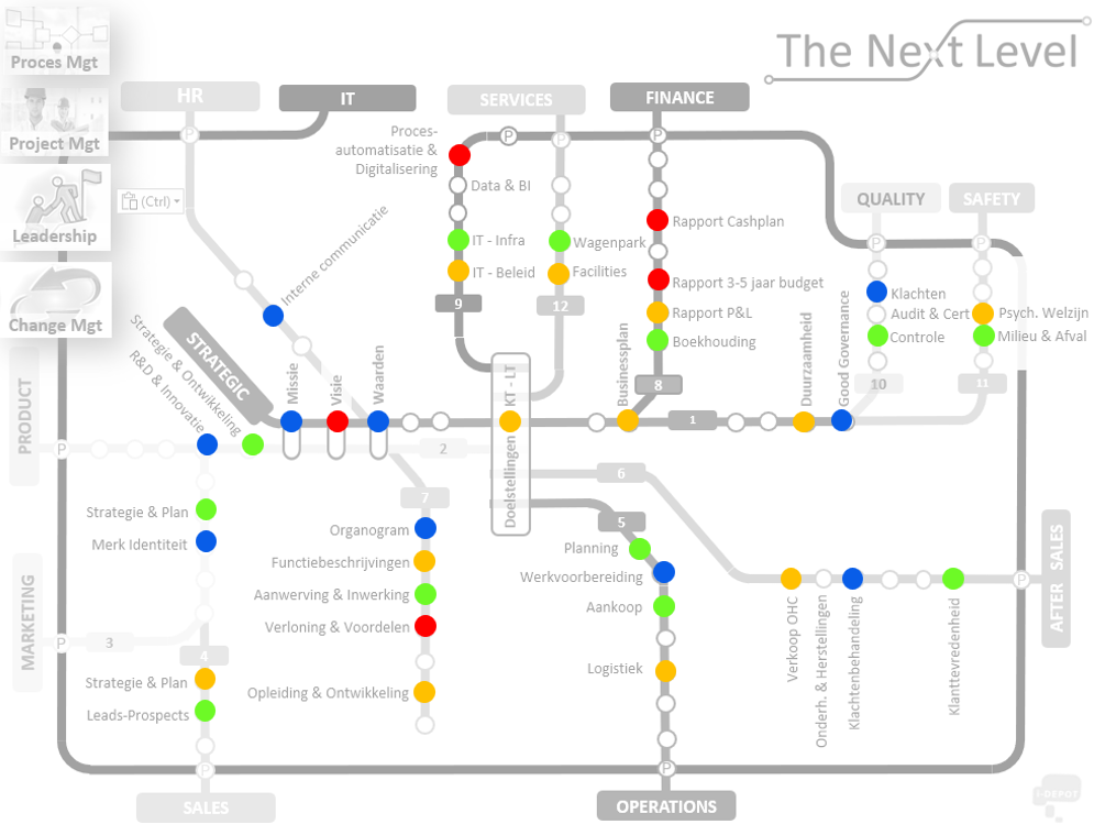 Het metroplan met elk station ingekleurd groen, blauw, oranje of rood